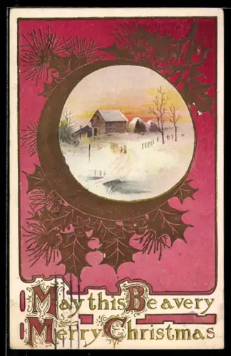 AK Verschneiter Ort mit Stechpalmendekoration, Weihnachten