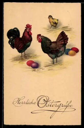 AK Osterküken mit zwei Hähnen und Ostereiern, Ostern