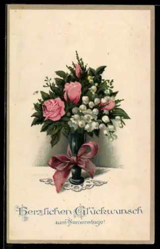 Präge-AK Blumenstrauss mit Rosen zum Namenstag