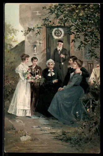 Lithographie Silberne Hochzeit, Paar mit Gratulanten