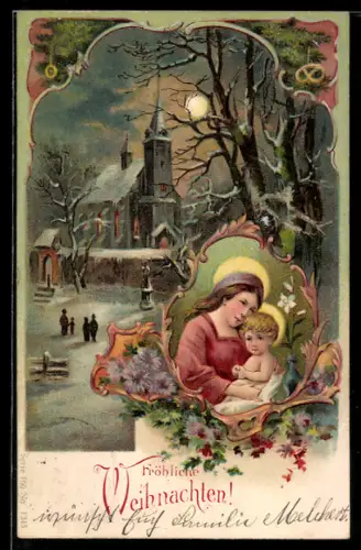 Lithographie Verschneite Kirche, Madonna mit Jesuskind, Weihnachten