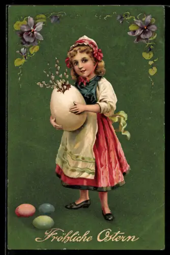 AK Mädchen mit grossem Osterei mit Weidekätzchen, Ostern