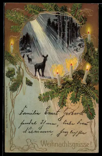 AK Rehe im verschneiten Wald, Tannenzweig mit Kerzen, Weihnachten
