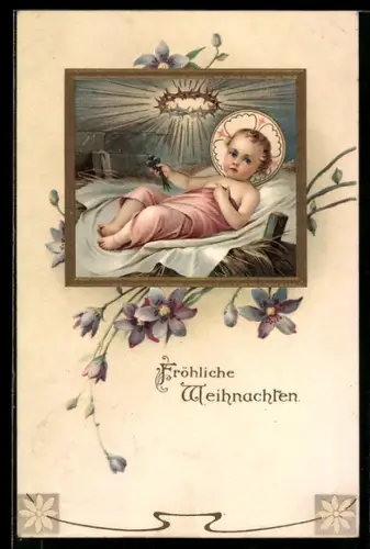 AK Jesuskind mit Heiligenschein in der Krippe, Weihnachten