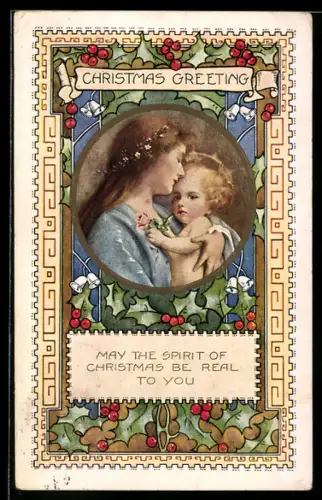 AK Maria mit dem Jesuskind in einem Rahmen aus Stechpalmen