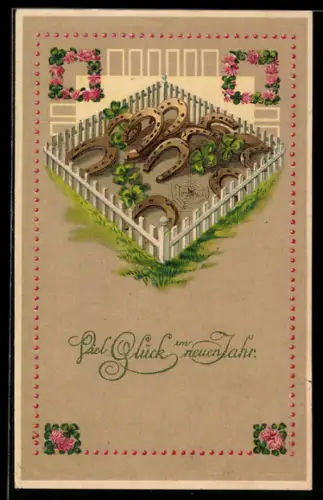 Präge-AK Hufeisen und Kleeblätter, Spinne, Neujahr