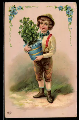 AK Junge mit einem Blumentopf Glücksklee