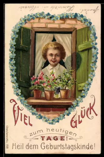 AK Geburtstagskind in einem Fenster im Rahmen aus Vergissmeinnicht