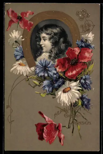 Präge-AK Mädchen in goldenem Hufeisen, Mohn und Kornblumen
