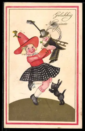 AK Kleines Kind mit einer Schornsteinfeger-Figur zum Neuen Jahr