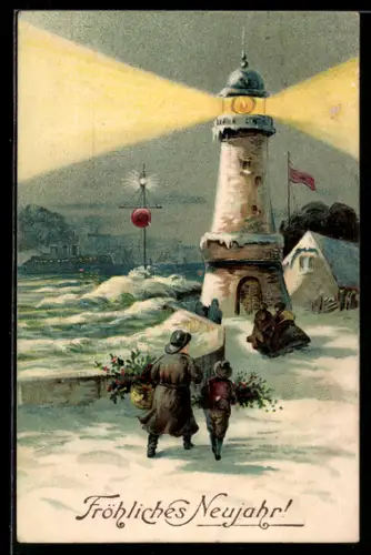 AK Mann und Kind mit Stechpalmenzweigen im Schnee, Leuchtturm, Neujahr