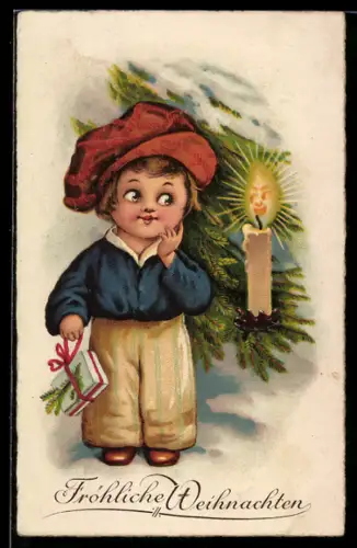 AK Kleines Kind mit Geschenk neben einer brennden Kerze, Weihnachten