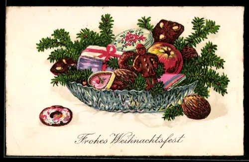 AK Korb mit Süssigkeiten, Weihnachtsgruss
