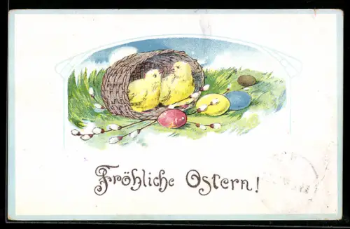 AK Osterküken in einem Korb neben Eiern