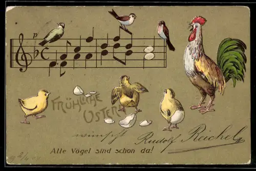 AK Hahn mit Osterküken stimmen das Lied Alle Vögel sind schon da an, Fröhliche Ostern