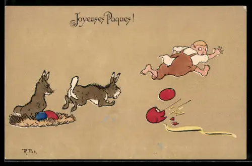AK Kind läuft vor Osterhasen davon, daneben ein zerbrochenes Ei