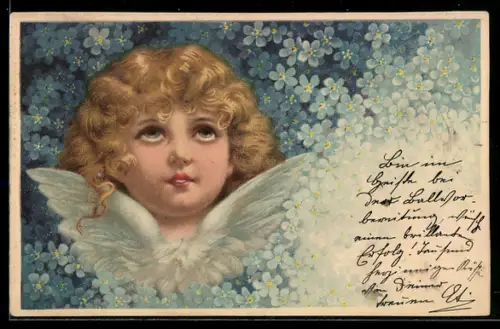 Lithographie Engelgesicht, Vergissmeinnicht, Metamorphose