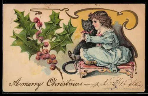 AK Mädchen sitzt mit einer niedlichen schwarzen Katze auf einem Hocker, daneben Stechpalmen, Weihnachtsgruss