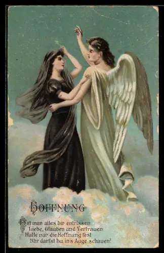 Lithographie Hoffnung, Frau in Trauerkleidung tanzt mit ihrem Engel auf den Wolken