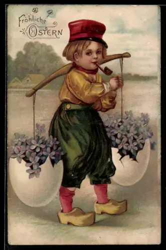AK Junge trägt Eierschalen mit Blumen, Ostergruss