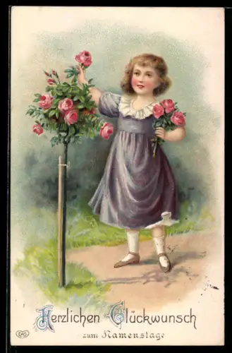 AK Herzlichen Glückwunsch zum Namenstag, Mädchen pflückt Rosen von einem Rosenstock