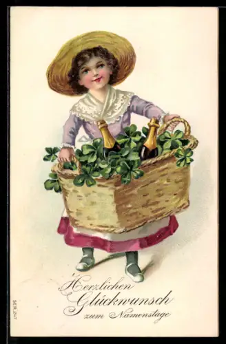 AK Mädchen mit Hut bringt einen Korb voller Klee und Sekt, Namenstagsgruss