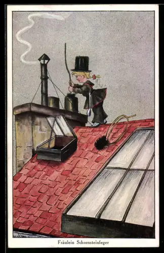AK Schornsteinfegerin auf einem Dach