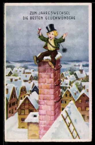 AK Schornsteinfeger sitzt auf dem Schornstein und grüsst mit einem Glas, Neujahr