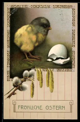 AK Osterküken neben dem Ei, aus dem es geschlüpft ist, Weidenkätzchen