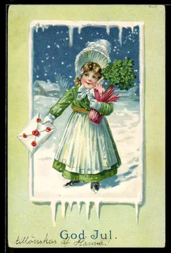 AK Kleine Gratulantin mit Topfpflanze und Brief im Schnee, Weihnachtsgruss