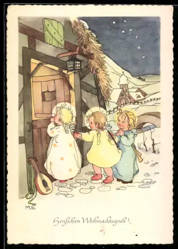 AK Kinder schauen in einen Stall, Weihnachtsgruss