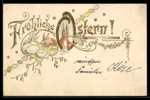 AK Osterhase neben Eiern und mit Blumenstrauss, Ostergruss