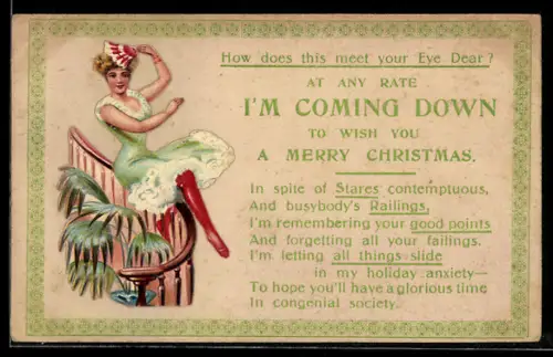 AK Attraktive Frau rutscht ein Treppengeländer herunter, Weihnachtsgruss