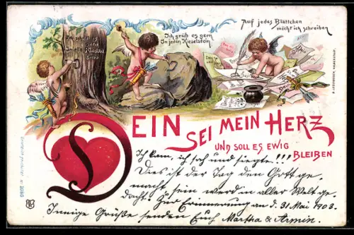 Lithographie Amor schnitzt Buchstaben in Rinde, ritzt Buchstaben in Stein, schreibt Brief, Dein sei mein Herz