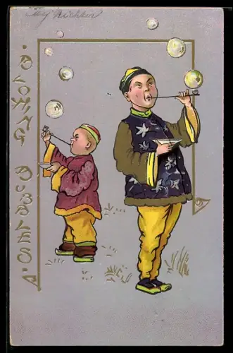 Lithographie China, Bloming Bubbles, chinesische Kinder machen Seifenblasen