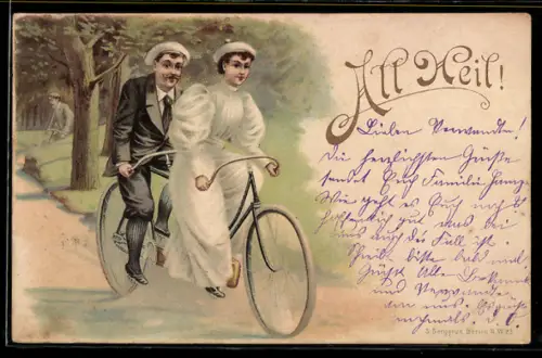 Lithographie Liebespaar fährt mit dem Tandem-Fahrrad