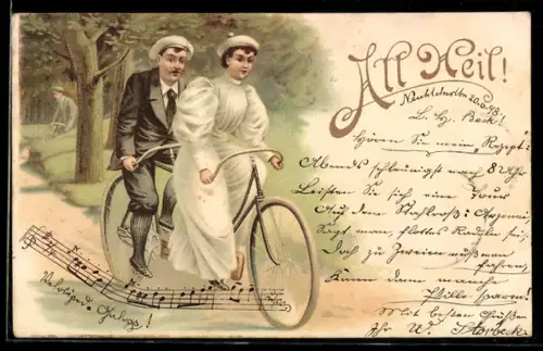 Lithographie Radfahrer auf einem Tandem-Fahrrad