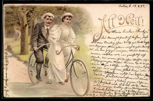 Lithographie Liebespaar fährt mit dem Tandem-Fahrrad