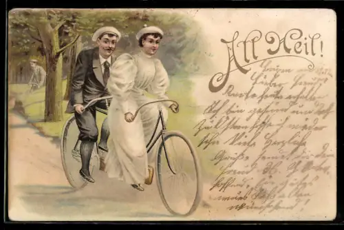 Lithographie Liebespaar fährt mit dem Tandem-Fahrrad
