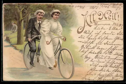 Lithographie Paar auf Fahrt mit Tandem-Fahrrad durch Waldgebiet