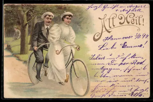 Lithographie Radfahrer auf einem Tandem-Fahrrad