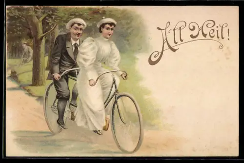 Lithographie Radfahrer auf einem Tandem-Fahrrad
