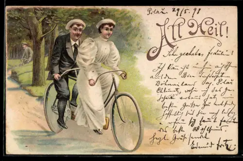 Lithographie Liebespaar fährt mit dem Tandem-Fahrrad