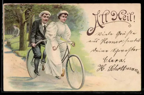 Lithographie Paar auf Fahrt mit Tandem-Fahrrad