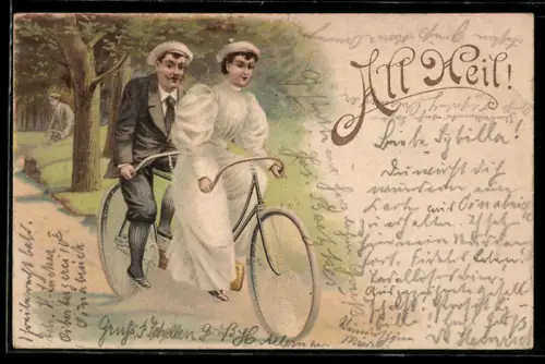 Lithographie Radfahrer auf einem Tandem-Fahrrad