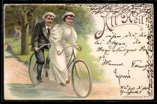 Lithographie Liebespaar fährt mit dem Tandem-Fahrrad