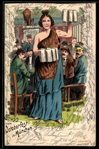 AK München, Dame mit Bierkrügen auf dem Oktoberfest