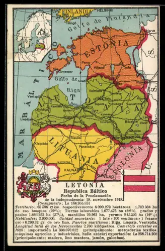 AK Lettland, Landkarte Estonia, Lettland, Littauen, Wappen