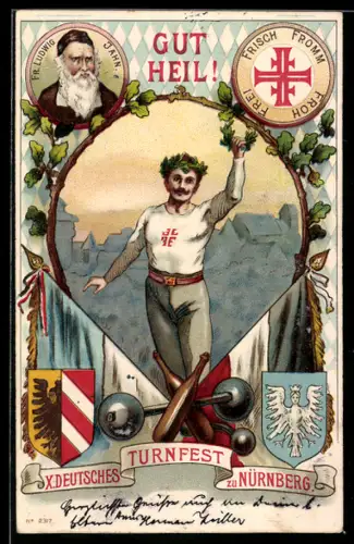 Lithographie Nürnberg, X. Deutsches Turnfest, Turner mit Sieges-Lorbeer