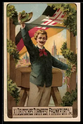 AK Frankfurt, XI. Deutsches Turnfest 1908, grüssender Turner